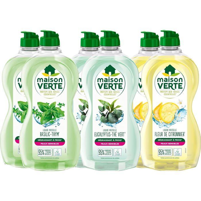 Liquide Vaisselle - Maison Verte - Lot de 6 - Eucalyptus & Thé Vert - Fleur de Citronnier - Thym & Basilic
