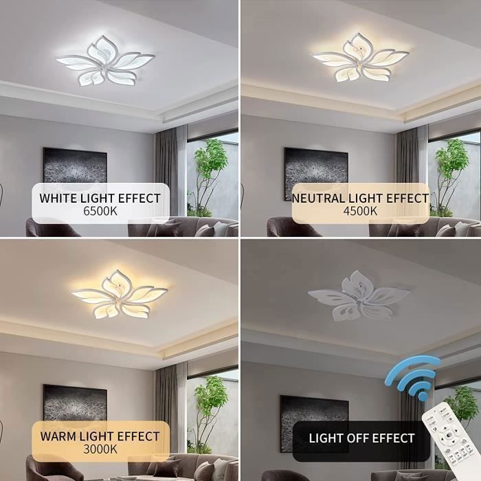 Plafoniera Ganeed, plafoniera LED moderna dimmerabile, telecomando, acrilico, forma di foglia, bianca, per soggiorno, 60W, diametro