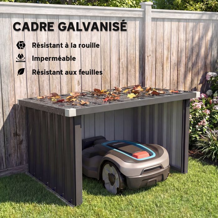 Schuilplaats/garage voor robotmaaiers met schuin dak van gegalvaniseerd staal, 108 x 86 x 62,5 cm, donkergrijs