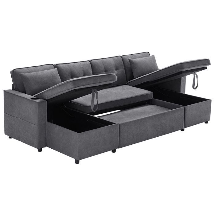 Canapé d'angle Convertible avec Porte-gobelet et Rangement, 4 Places en U, Canapé lit avec Fonction Couchage, Coton et Lin, Gris