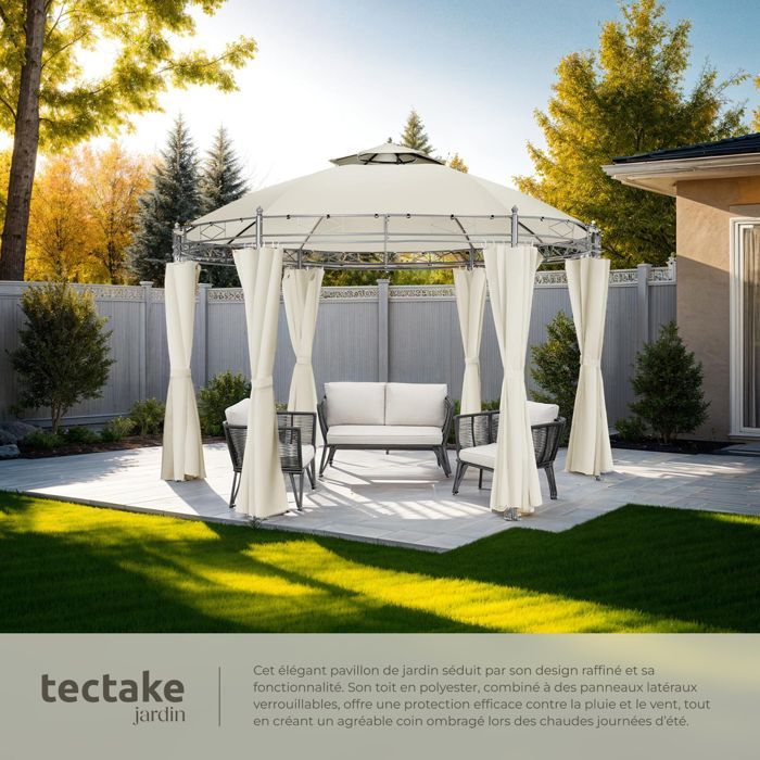Pabellón de jardín - TECTAKE - Cenador SIANA con 6 paneles laterales de tejido hidrófugo, 3,5 m - Crema