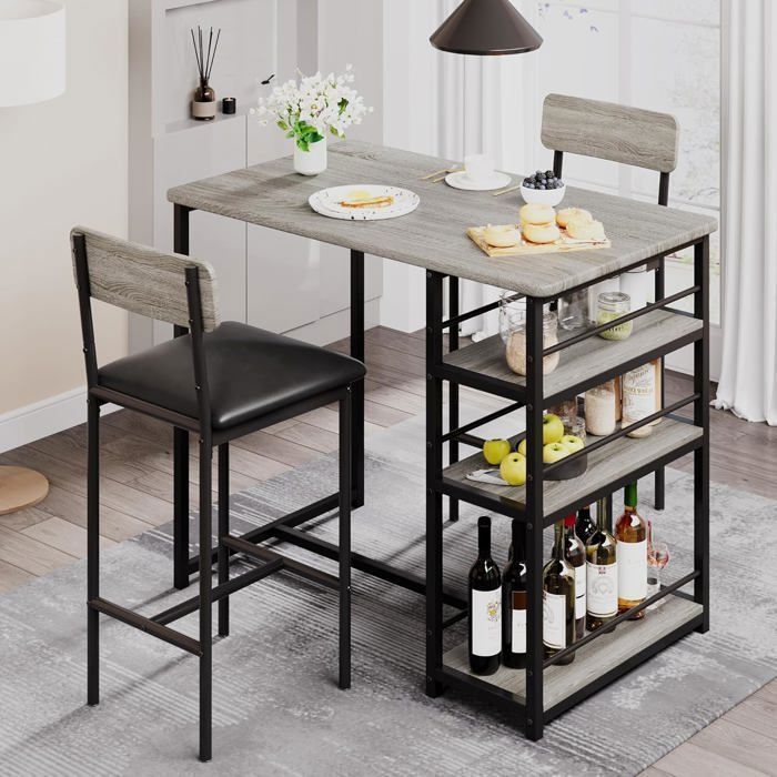 DINING TABLE WITH CHAIRS - Bar table set with 2 stools 91x50x91cm - for dining room, kitchen - Grey