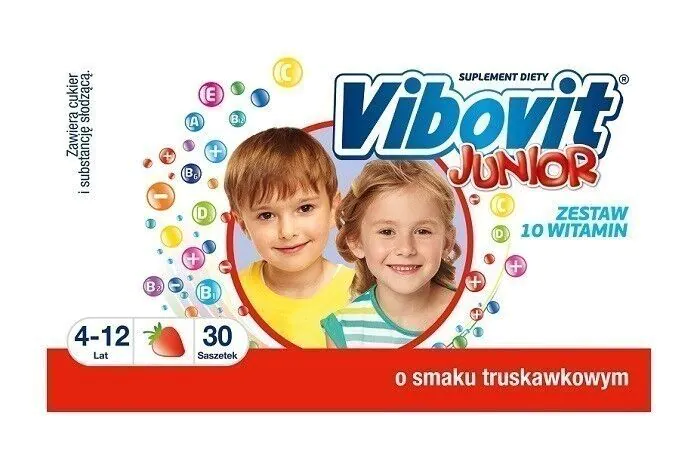 Vibovit Junior, Zestaw witamin dla dzieci od 4. roku życia, Smak truskawkowy, Saszetki