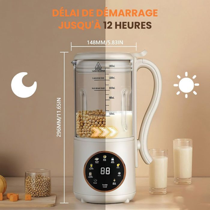 Máquina automática para hacer leche de soja de 1400 ml, batidora multifuncional con calefacción, 16 cuchillas de acero inoxidable, limpieza automática, inicio diferido.