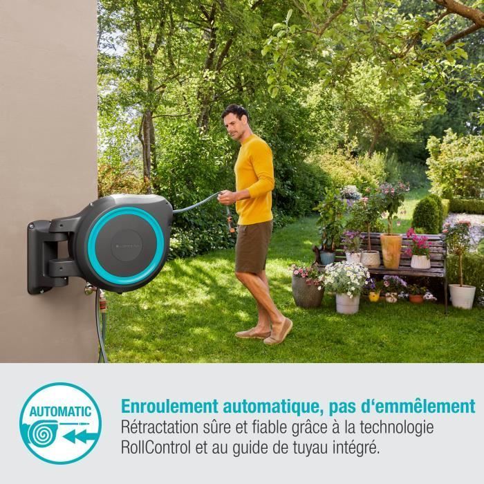 Enrollador de manguera automático de pared GARDENA RollUp M/L - 25 m de longitud - 13 mm de diámetro - Kit completo - 5 años de garantía
