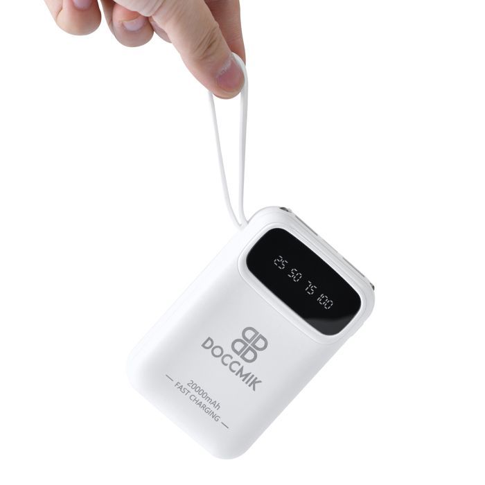 DOCCMIK 20000mAh Powerbank Externe Batterij met 4 Geïntegreerde Kabels, Draagbare Batterij en LED-lampje, Wit