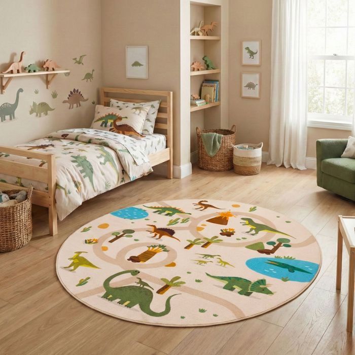 Tappeto per bambini Carpetsale24, rotondo, 160 cm, con dinosauri, beige, motivo dinosauri, tappetino da gioco per cameretta, superficie di gioco antiscivolo ideale.