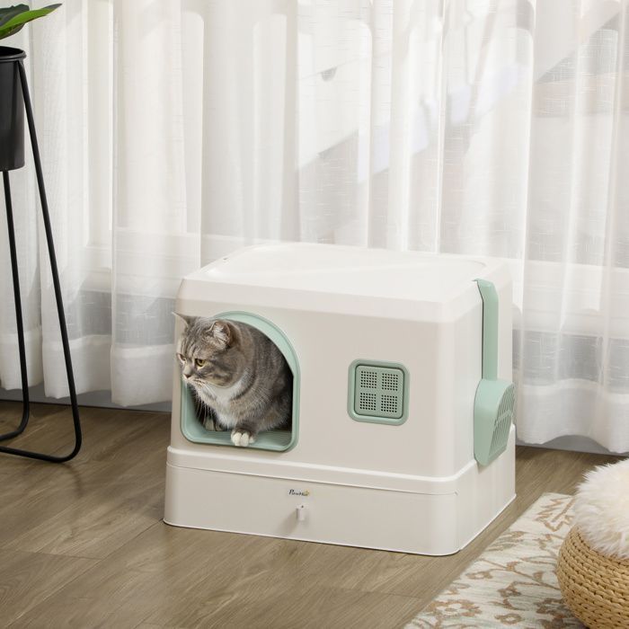 Bac à litière pour chat - PawHut - maison de toilette avec pelle et 2 désodorisants inclus - dim. 40 x 50 x 40 cm - blanc