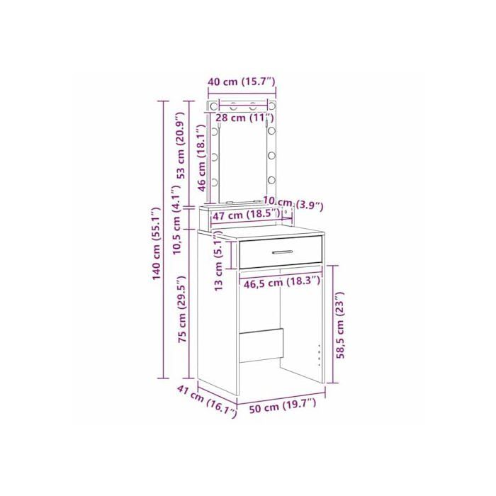 Modern dressing table - vidaXL - White - Engineered wood - 50x41x140 cm - Mirror with LED lighting - 1 drawer - USB port