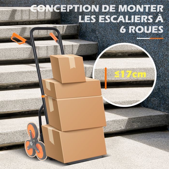 Carretilla elevadora para escaleras - DURHAND - plegable - 120 kg - 6 ruedas - cuerdas telescópicas - estructura de acero - 44x38x106,5 cm - naranja