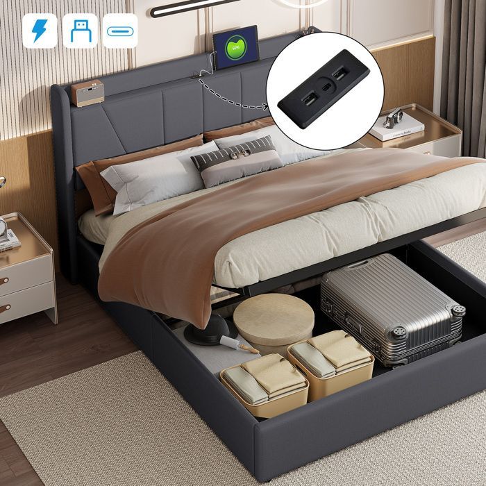 Letto contenitore 160 x 200 cm, letto 160x200 con base a doghe, letto per adulti con porta USB, struttura letto, con testiera, grigio scuro, materiale
