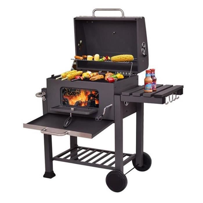 Barbecue à Charbon de Bois Fumoir Acier Inox YGONGMYL 3 en 1 - Grande Grille 55x36cm - Noir