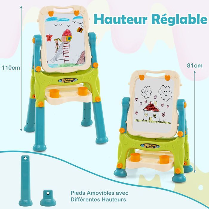 GIANTEX Chevalet pour Enfants 3+ Ans, Tableau Magnétique Double Face Rotatif & Amovible, Hauteur Réglable, 57x33x81cm, Vert