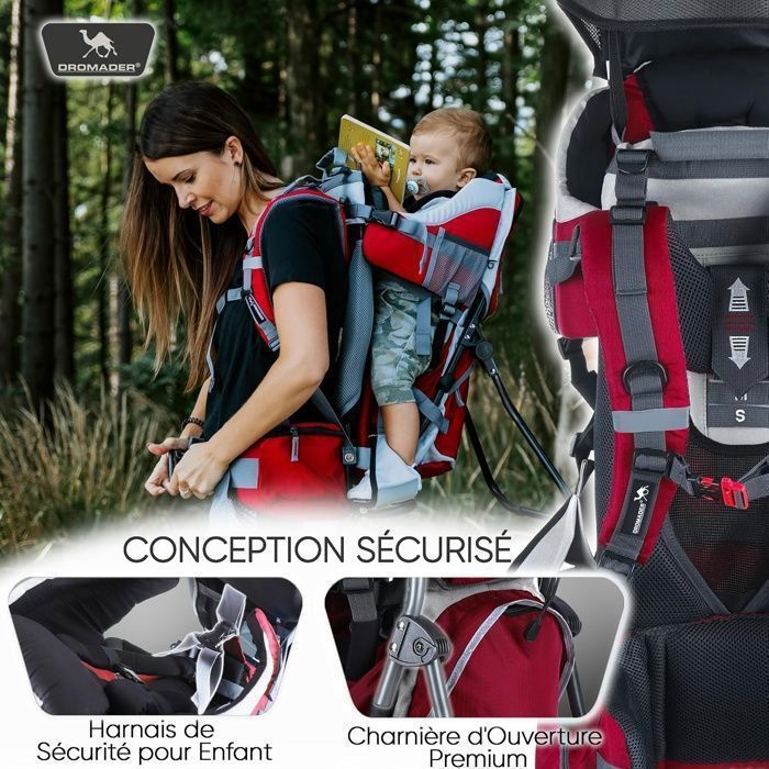 Portabebés DROMADER para senderismo - Cómodo hasta 22 kg - Mochila con bolsillo isotérmico, funda para el sol y la lluvia - Rojo