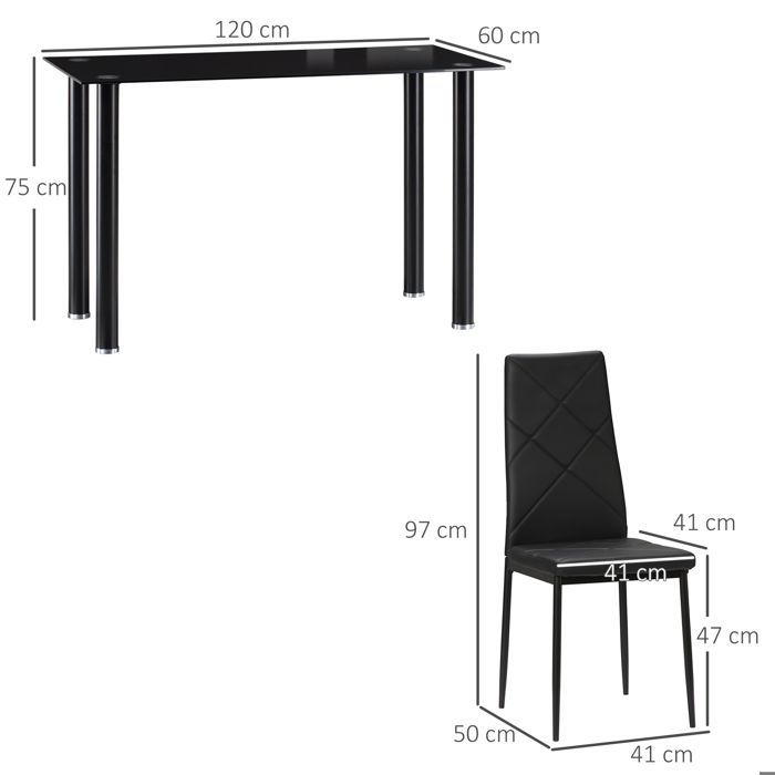 Juego de mesa de comedor - HOMCOM - Juego de muebles de cocina y comedor de 5 piezas con tablero de vidrio templado - acero - negro