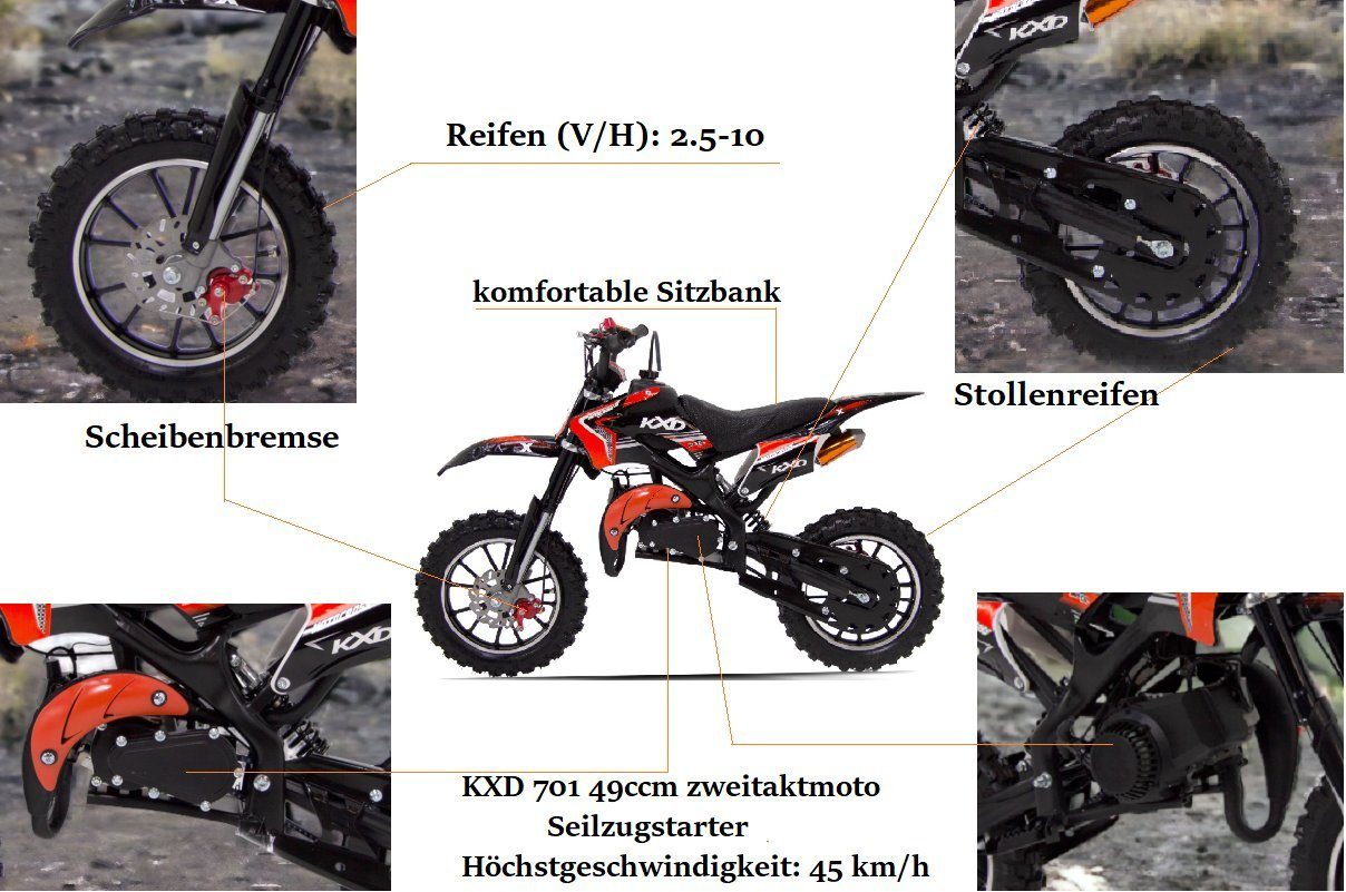 KXD Dirt Bike KXD 701 49ccm 2T Kinder-Dirtbike, Dirtbike Crossbike, Dirtbike Pocket, 1 Gang