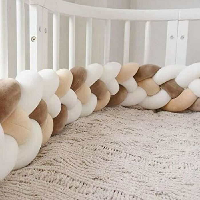 1M Baby Cot Bumper, Snake Print Velvet Crib Bumper, Braided Baby Bed Bumper, Knotted, White + White + Khaki + Brown