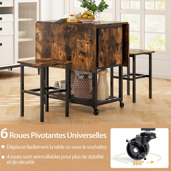 GIANTEX Ensemble de Table à Manger 3 Pièces- Table à Roulettes avec Plateau Pliante et 2 Tabourets- 2 Etagères- Cuisine, Salon