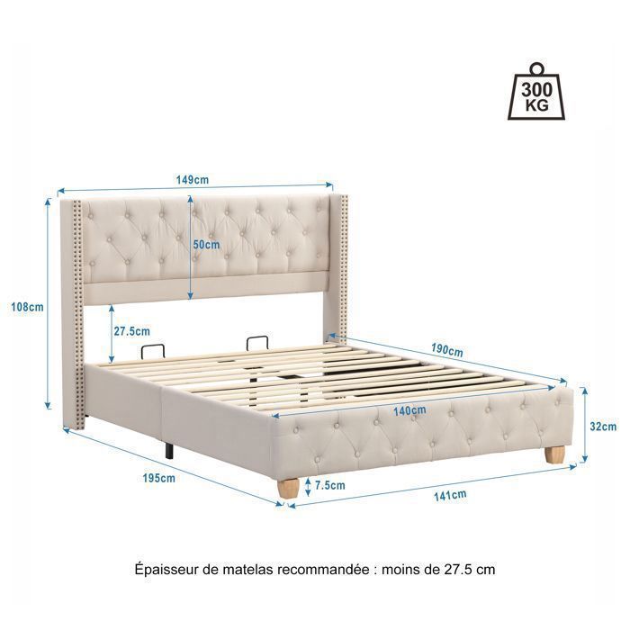 Cama doble para adultos - TKOPY - Cama tapizada de 140x190 cm, con somier de láminas, lino beige.