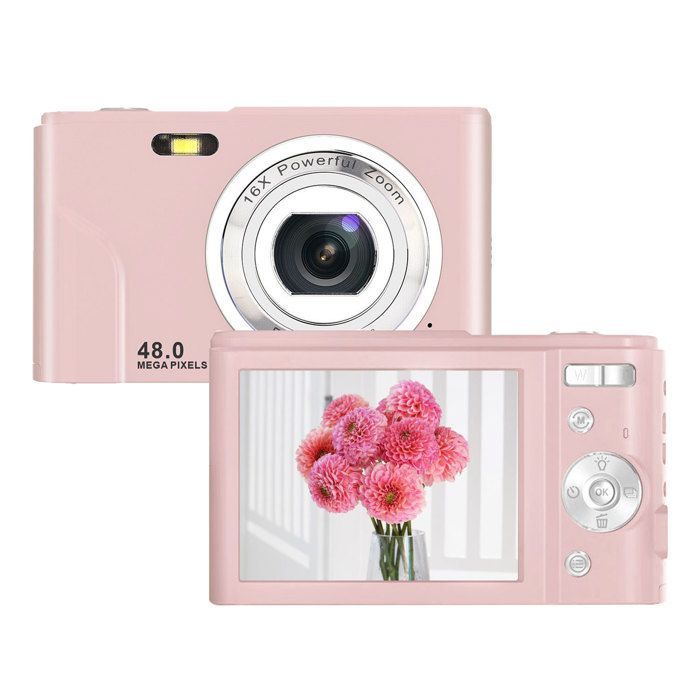 Câmera digital INF 48MP FHD 1080p com zoom de 16x e cartão de memória de 32GB, rosa.