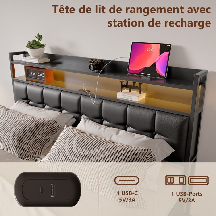 160x200cm storage bed, double bed frame with LED and USB ports, adult bed with 4 drawers, slatted base, mattress not included, PU upholstery, black