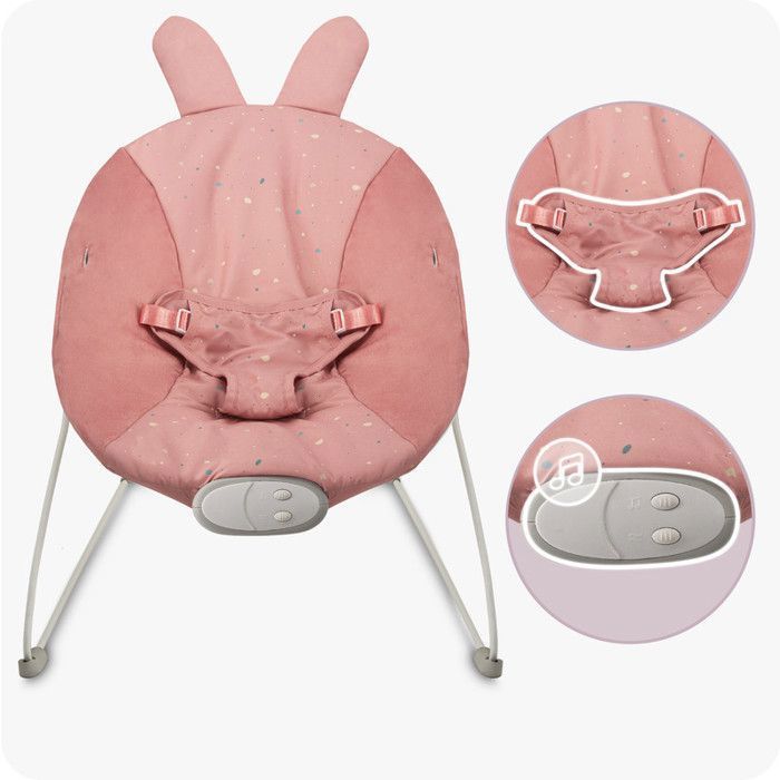 MoMi GLOSSY – Transat Bébé Léger avec Module Sensoriel – 8 Mélodies – Vibration 3 Niveaux – Jouets Inclus – Rose