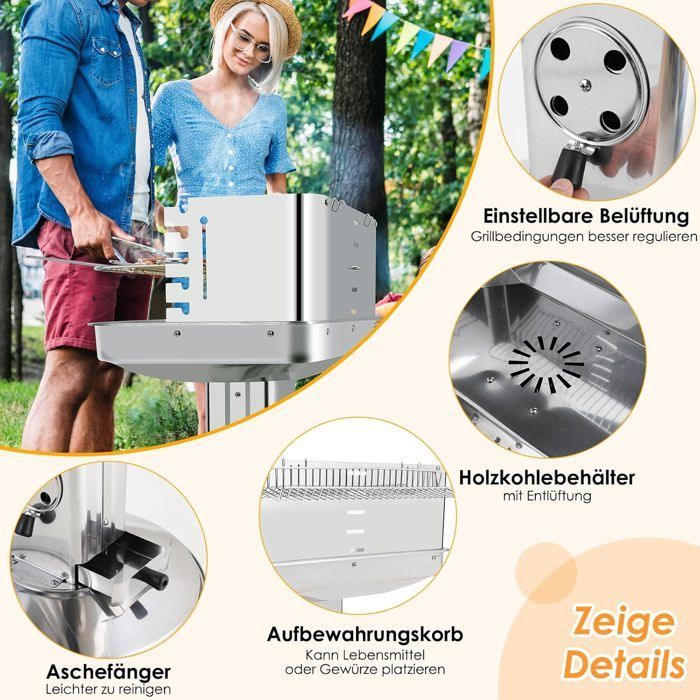 Houtskoolbarbecue met houten kolom, campingbarbecue, met in hoogte verstelbaar grillrooster