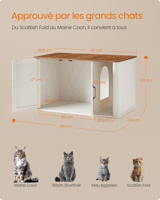 Katzentoilettenschrank, Fronteinstieg, Doppeltür, Griffe, 85 x 48,5 x 50 cm, Honigbraun und Rustikalweiß
