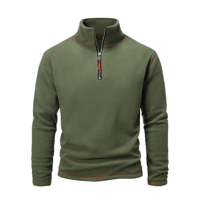 Jersey polar para hombre con cuello alto y cremallera, ideal para otoño/invierno, color de contraste - Talla europea - Verde militar