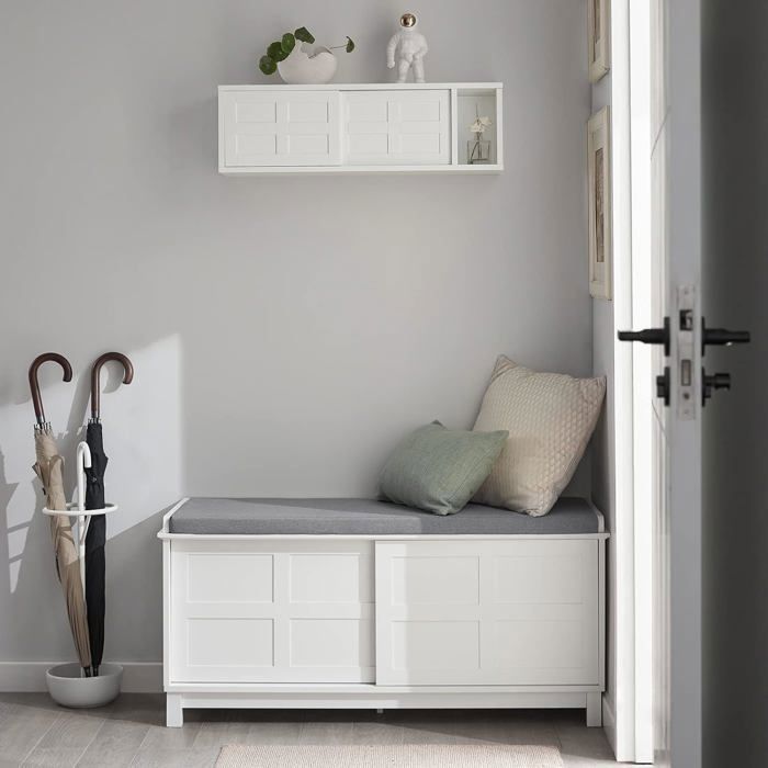 SoBuy Étagère Murale Meuble d’Entrée avec 2 Portes Coulissantes et 1 Compartiment 75x20x23 cm Blanc
