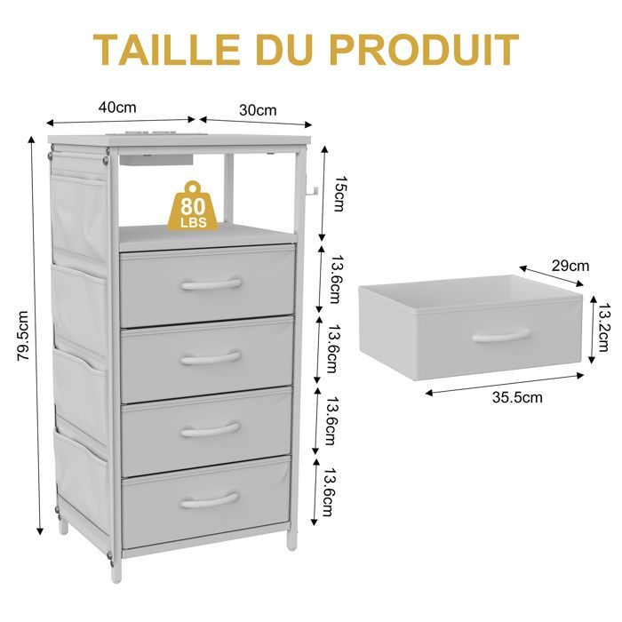 Commode 4 Tiroirs, Meuble Rangement Moderne, Table de chevet, Meuble Chambre Bureau Salon Cuisine, 40x30x79cm, Blanc