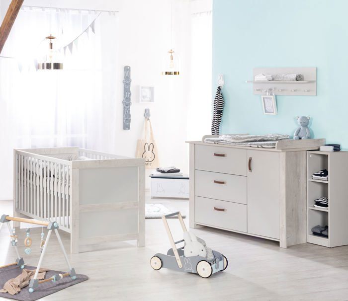 Commode à Langer ROBA Mila - 3 Tiroirs + 1 Porte - Poignées en Similicuir - Gris Clair / Chêne Blanchi