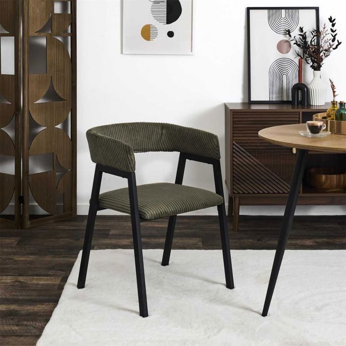 Lot de 2 fauteuils de table design en métal et velours côtelé coloris vert - AMORY