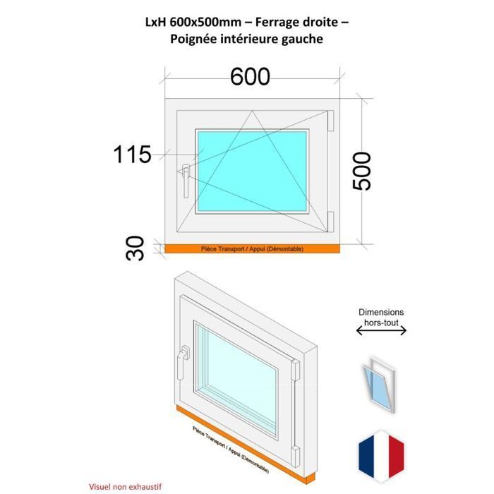 Fenêtre PVC - 600x500 mm -Triple Vitrage - Bicolore blanc int/anthracite ext-poignée à gauche