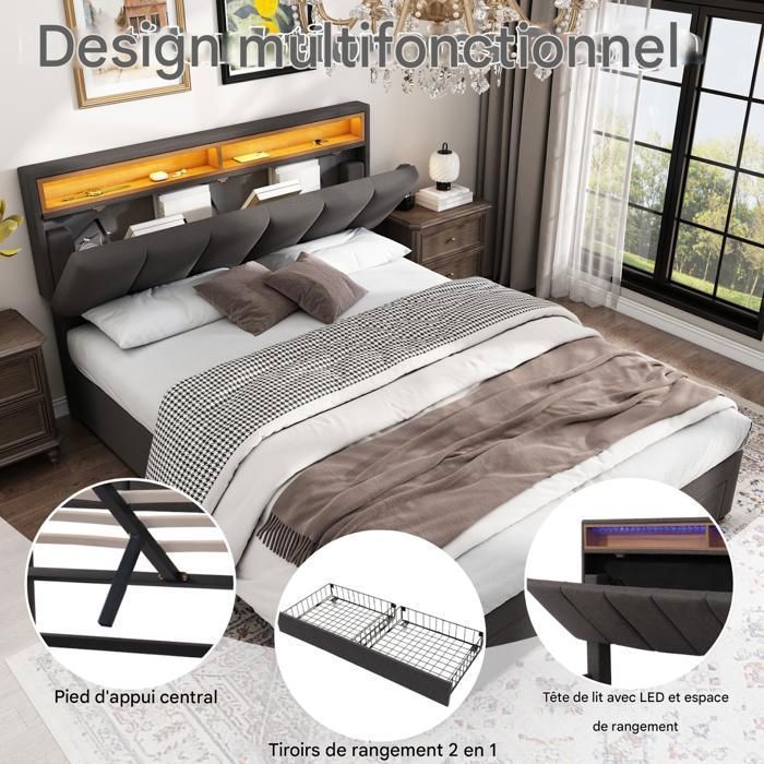 Structure de lit - SUNFECILI - 140x190 cm - avec sommier - éclairage LED - 2 tiroirs de rangement