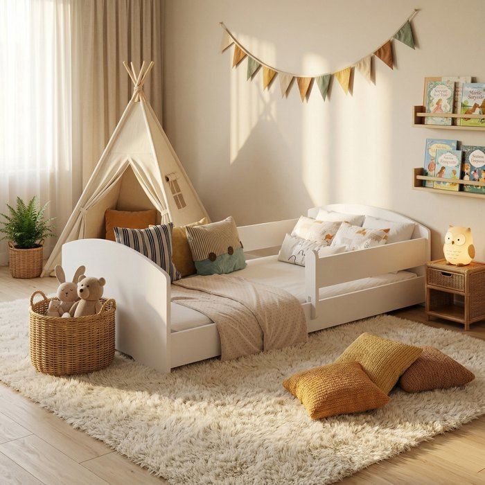 Cama infantil Montessori LEO de 160x80 cm con barandilla – Cama baja para niños, color blanco.