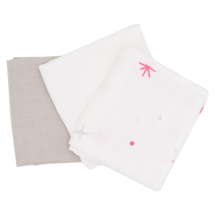 BABYCALIN Conjunto de 3 quadrados de musselina com estampa de estrelas - Cinza e branco - 70 x 70 cm