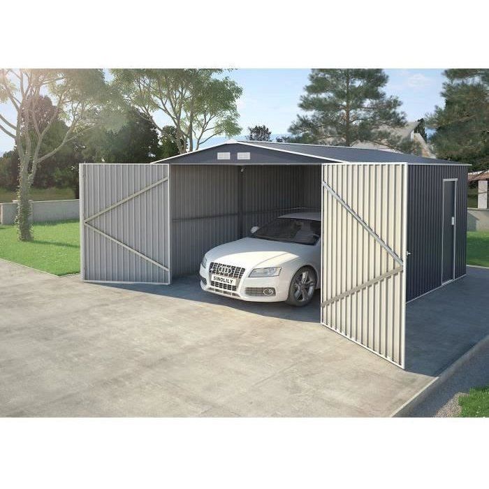 Casetta/garage da giardino in metallo da 16 m² - 380 x 420 x 232 cm - COMET - Kit di ancoraggio, 2 porte scorrevoli, 1 porta laterale - Grigio