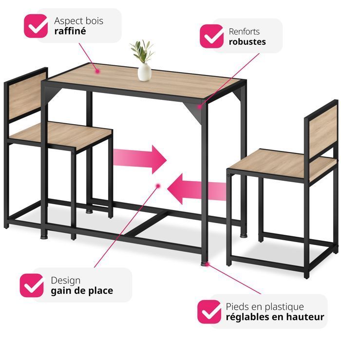 Mesa de comedor con sillas - TECTAKE - MILTON, conjunto de comedor de 2 plazas estilo industrial vintage - Madera clara