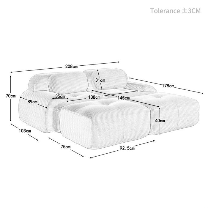 DRIPEX Canapé modulable en velours côtelé - 2 places - avec 2 oreillers et 2 poufs - dessous antidérapant - 208x178x70cm - Vert