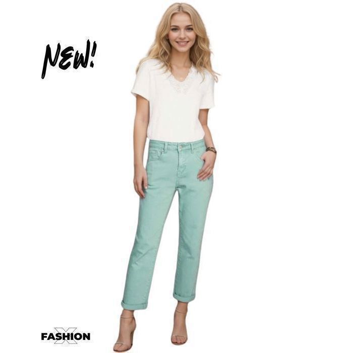 Vaqueros estilo mom para mujer, de talle alto, de algodón/lycra - Azul celadón