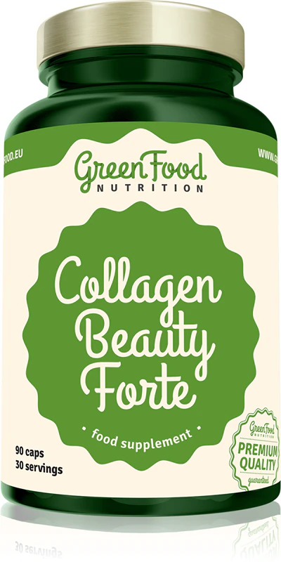 Cápsulas do suplemento alimentar GreenFood Nutrition Collagen Beauty Forte para cabelos, pele e unhas bonitos.