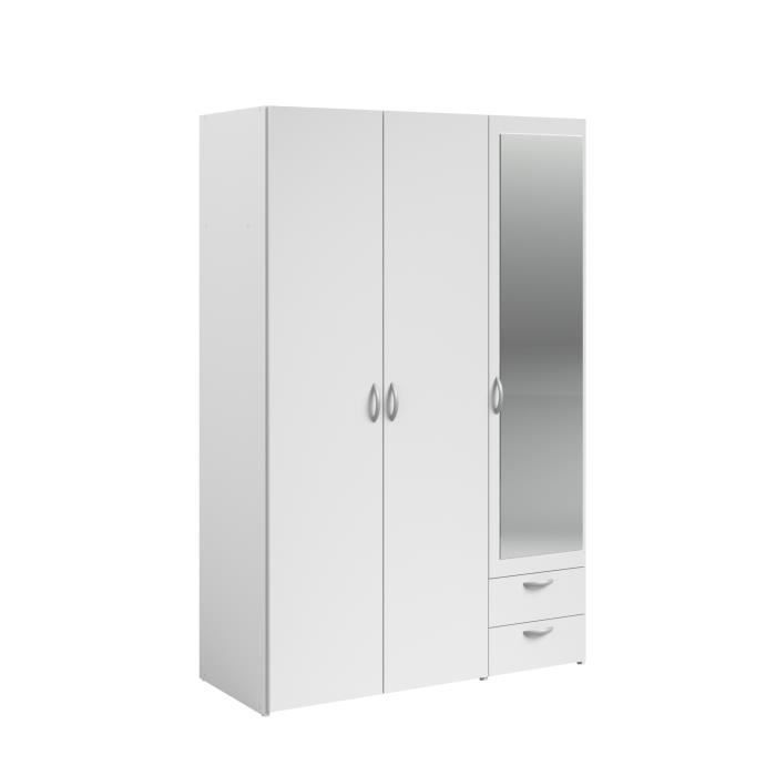 Chambre complète adulte ZODIAC : Lit 140x190 avec tiroir + Armoire 3 portes et 2 tiroirs + 2 chevets - Décor Blanc - PARISOT
