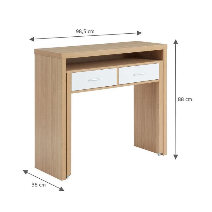 Escritorio STUDIO extensible en blanco y efecto roble con 2 cajones - Madera