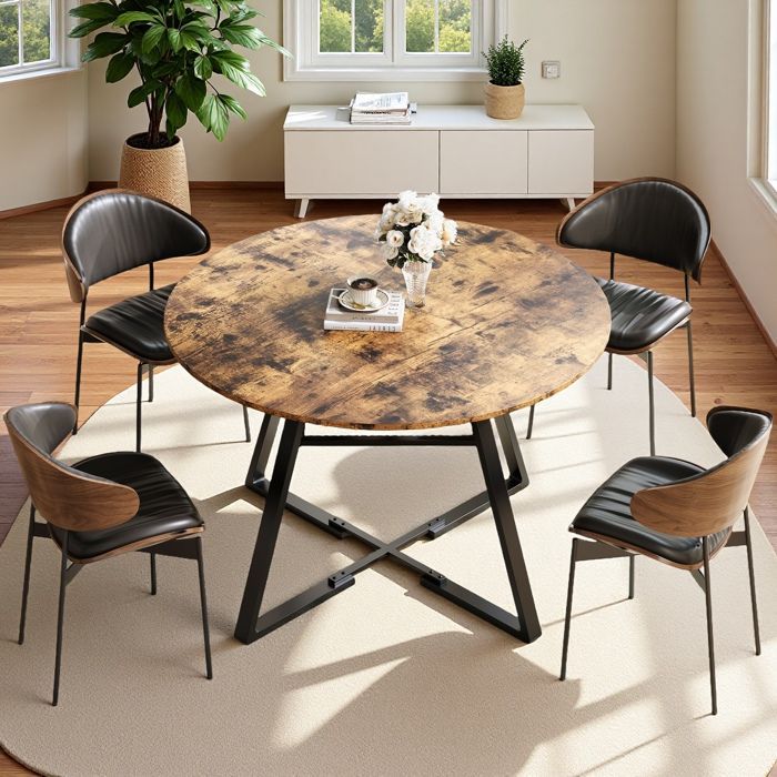 Mesa de comedor redonda de 120 cm, para 4 a 6 personas, con base de metal, ideal para la cocina, con compartimento de almacenamiento y color marrón.