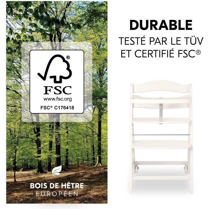 Seggiolone - HAUCK - BETA+ - Regolabile - Da 6 mesi a 90 kg - Legno certificato FSC - Cintura di sicurezza a 5 punti - Ruote - Bianco