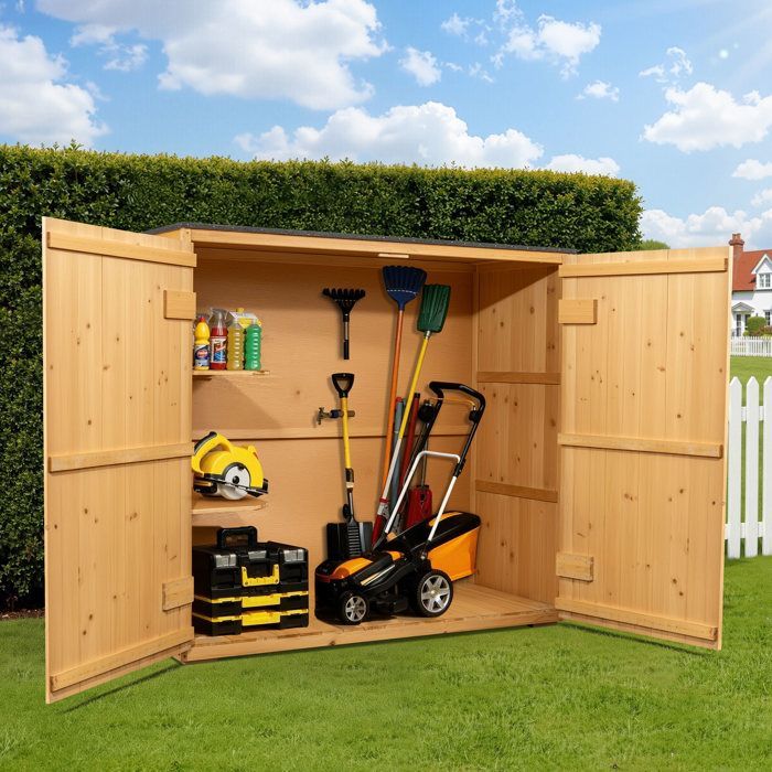Wiltec Abri de jardin – 1360 x 580 x 1270 mm – en bois verni – avec Toit revêtu par PVC et 2 portes – Cabane Remise pour rangement o