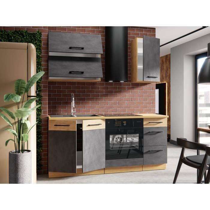 Cocina completa ROCK L180 cm - 5 módulos + mueble para horno - Acabado en melamina color roble Lancelot y gris Matera - Encimera antiadherente