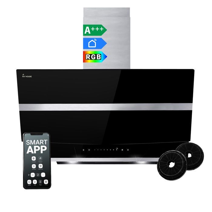 KKT KOLBE | 80 cm afzuigkap | Schuine wandmontage | Roestvrij staal & zwart glas | WiFi | RGB LED | Touchbediening | HERMES8005SM