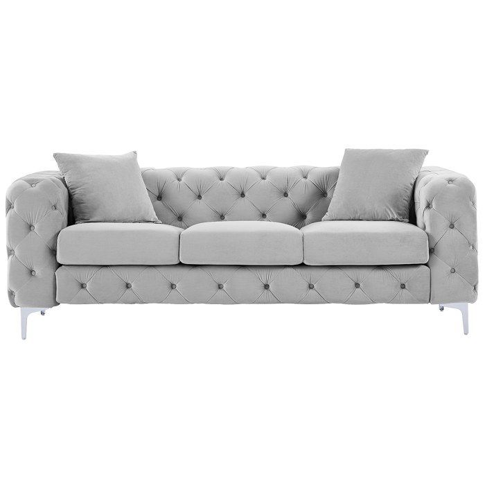 Sofá de 3 plazas y sillón EDWINA en terciopelo gris claro.